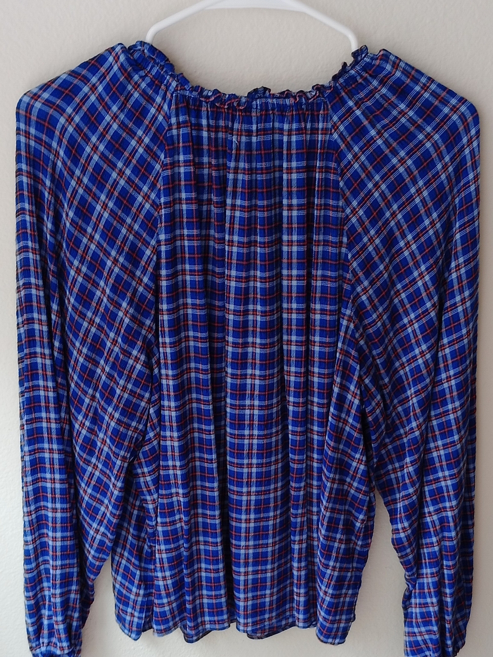 Old Navy Navy and Red Plaid Peasant Blouse - Picture 2 of 8